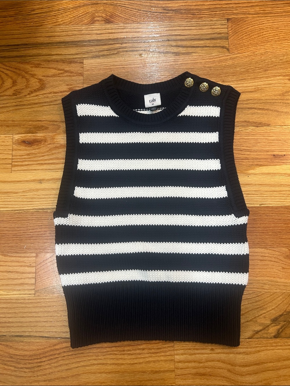 CAbi navy & White Striped Sleeveless Knit Tank with Gold Button Accents